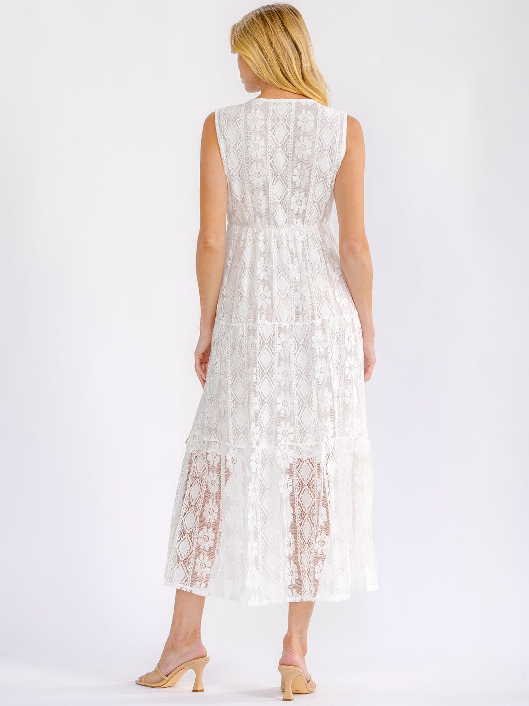 WOMEN'S SLEEVELESS SURPLICE TIERED SHIMMER LACE CROCHET MAXI DRESS