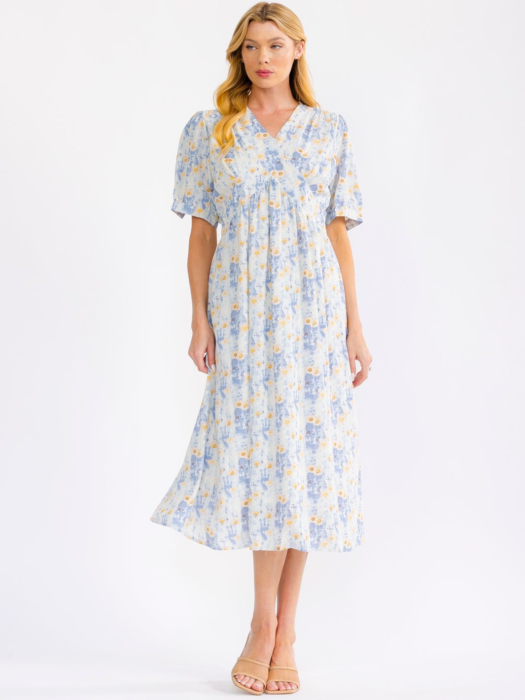 WOMEN'S SHORT SLEEVE V-NECK ELASTIC WAIST FLORAL MAXI DRESS