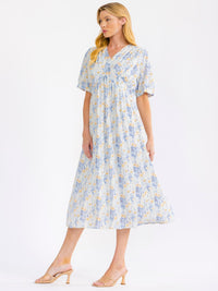 WOMEN'S SHORT SLEEVE V-NECK ELASTIC WAIST FLORAL MAXI DRESS