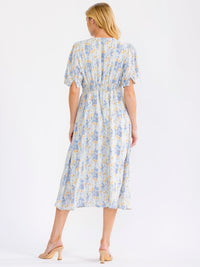 WOMEN'S SHORT SLEEVE V-NECK ELASTIC WAIST FLORAL MAXI DRESS