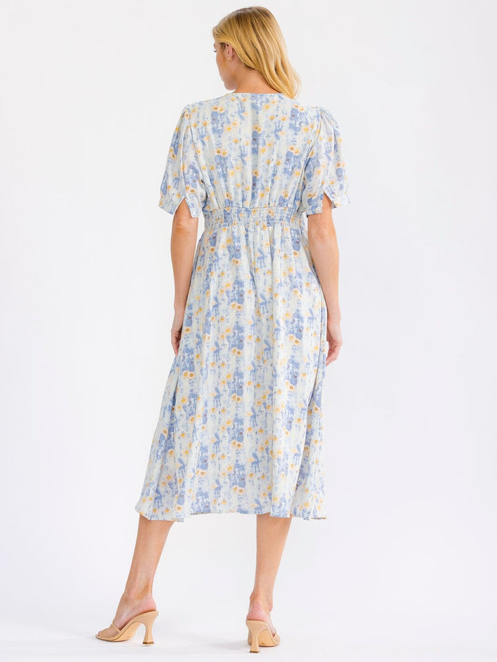 WOMEN'S SHORT SLEEVE V-NECK ELASTIC WAIST FLORAL MAXI DRESS