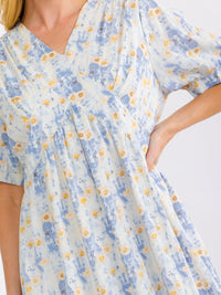 WOMEN'S SHORT SLEEVE V-NECK ELASTIC WAIST FLORAL MAXI DRESS