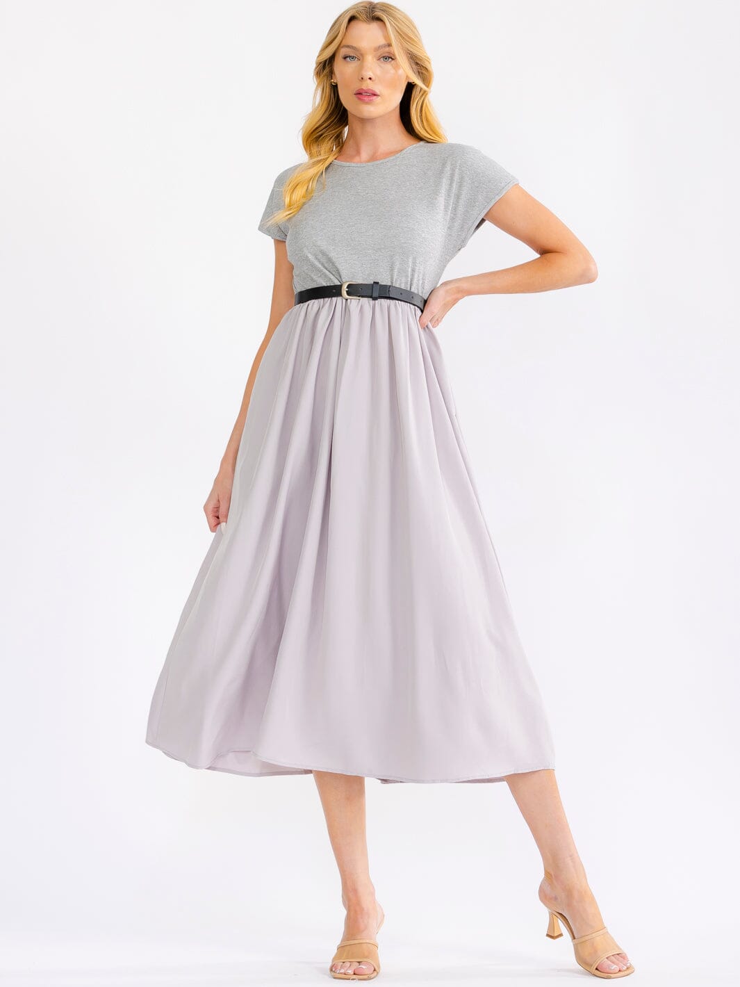 WOMEN'S SHORT SLEEVE ELASTIC WAIST BELTED FRONT POCKETS MAXI DRESS