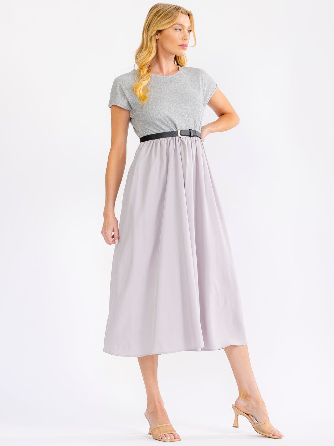 WOMEN'S SHORT SLEEVE ELASTIC WAIST BELTED FRONT POCKETS MAXI DRESS