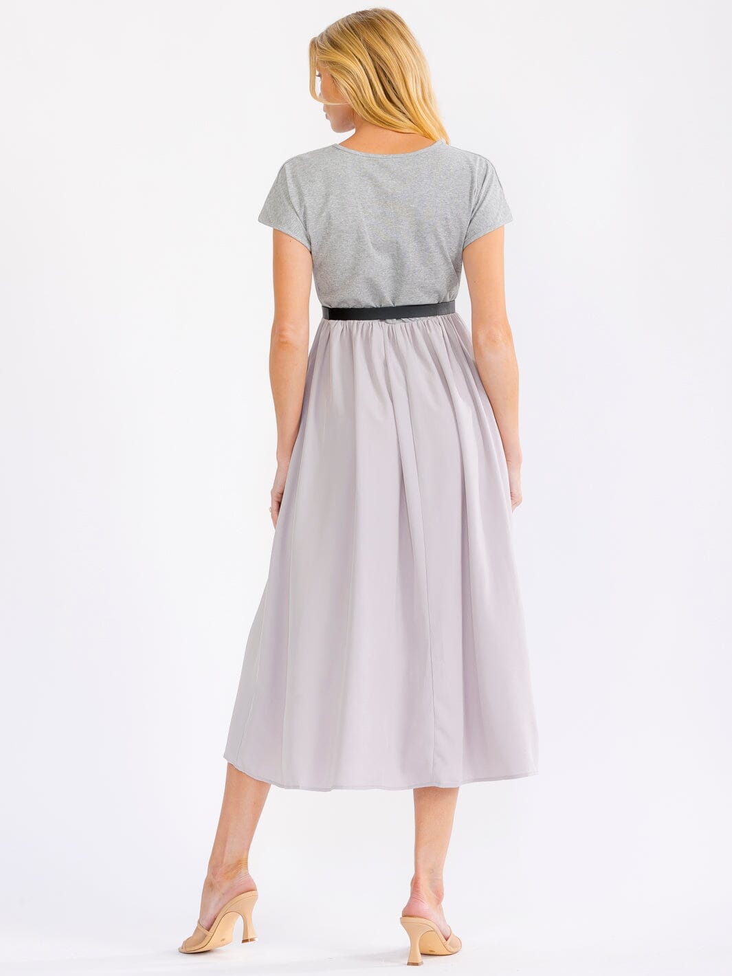 WOMEN'S SHORT SLEEVE ELASTIC WAIST BELTED FRONT POCKETS MAXI DRESS