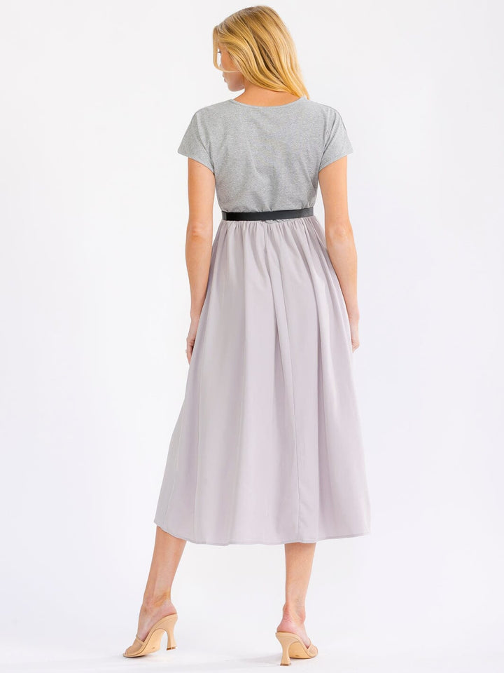 WOMEN'S SHORT SLEEVE ELASTIC WAIST BELTED FRONT POCKETS MAXI DRESS