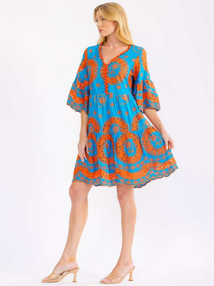 WOMEN'S SHORT BELL SLEEVE V-NECK CROCHET MINI DRESS