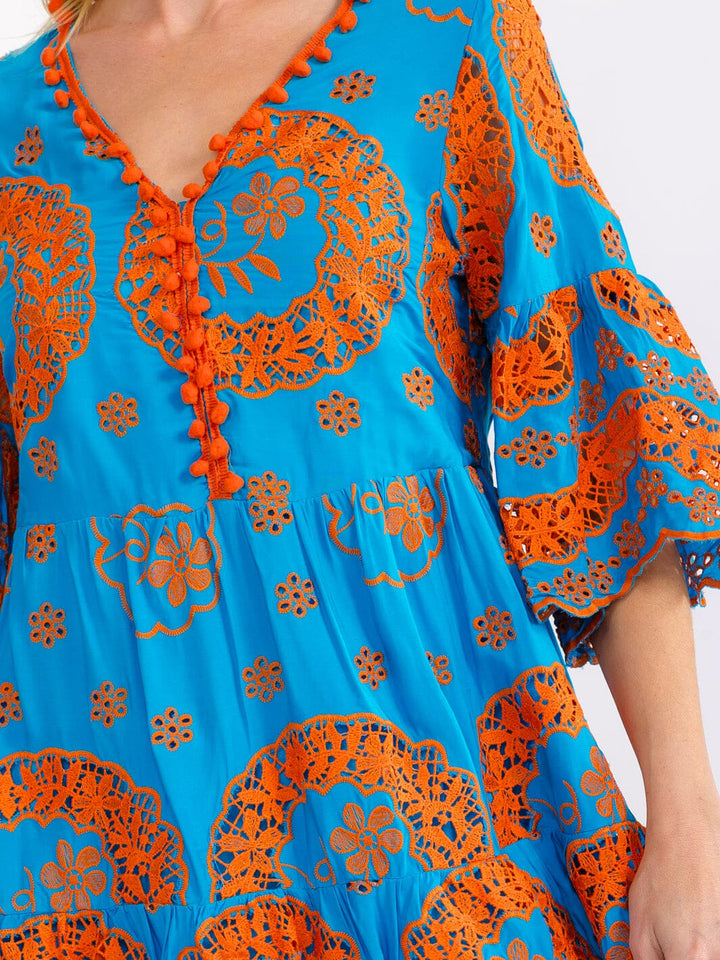 WOMEN'S SHORT BELL SLEEVE V-NECK CROCHET MINI DRESS