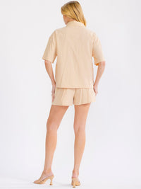WOMEN'S SHORT SLEEVE BUTTON UP BLOUSE & ELASTIC WAIST POCKETS SHORT TRIM DETAILED 2PC. SET