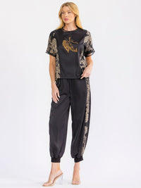 WOMEN'S SHORT SLEEVE BLOUSE & ELASTIC WAIST POCKETS JOGGER PANTS PRINT 2PC. SET