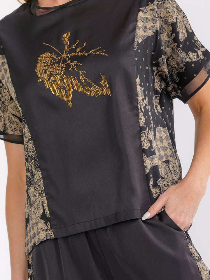 WOMEN'S SHORT SLEEVE BLOUSE & ELASTIC WAIST POCKETS JOGGER PANTS PRINT 2PC. SET
