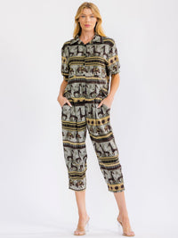 WOMEN'S SHORT SLEEVE BLOUSE & ELASTIC WAIST POCKETS CAPRI PANTS MULTI PRINT 2PC. SET