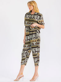 WOMEN'S SHORT SLEEVE BLOUSE & ELASTIC WAIST POCKETS CAPRI PANTS MULTI PRINT 2PC. SET