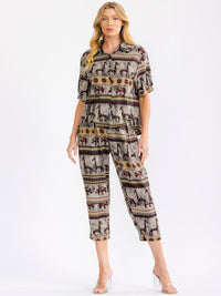 WOMEN'S SHORT SLEEVE BLOUSE & ELASTIC WAIST POCKETS CAPRI PANTS MULTI PRINT 2PC. SET