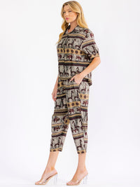 WOMEN'S SHORT SLEEVE BLOUSE & ELASTIC WAIST POCKETS CAPRI PANTS MULTI PRINT 2PC. SET