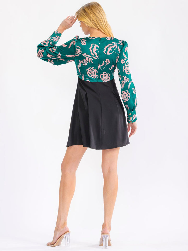 WOMEN'S LONG SLEEVE V-NECK FLORAL COLORBLOCK MINI DRESS
