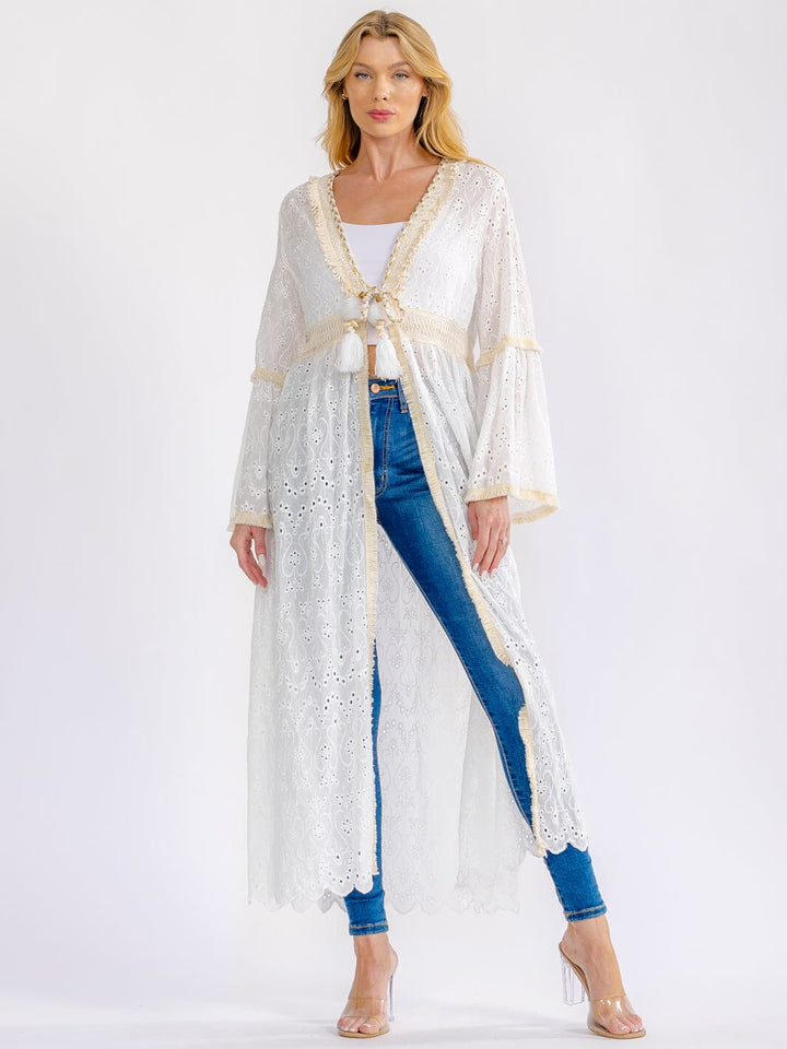 WOMEN'S LONG BELL SLEEVE OPEN FRONT EYELET CARDIGAN