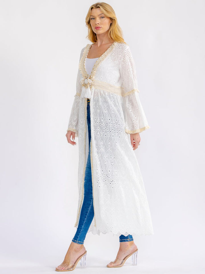 WOMEN'S LONG BELL SLEEVE OPEN FRONT EYELET CARDIGAN