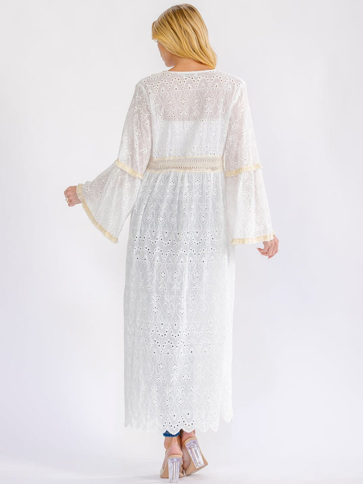 WOMEN'S LONG BELL SLEEVE OPEN FRONT EYELET CARDIGAN