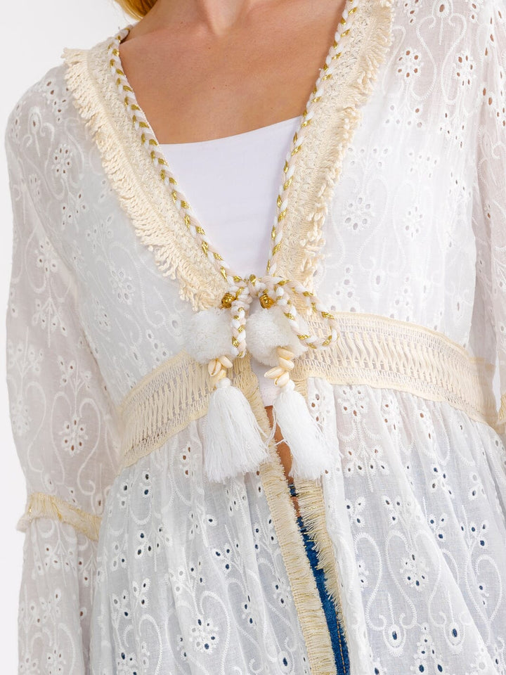 WOMEN'S LONG BELL SLEEVE OPEN FRONT EYELET CARDIGAN