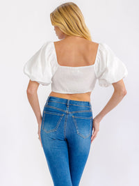 WOMEN'S SHORT PUFF SLEEVE KEY HOLE SMOCK EYELET CROP TANK TOP
