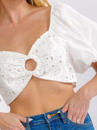WOMEN'S SHORT PUFF SLEEVE KEY HOLE SMOCK EYELET CROP TANK TOP