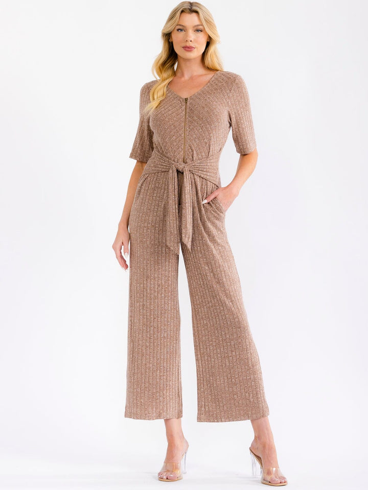 WOMEN'S SHORT SLEEVE ZIP UP FRONT POCKETS SELF TIE RIBBED WIDE LEG JUMPSUIT