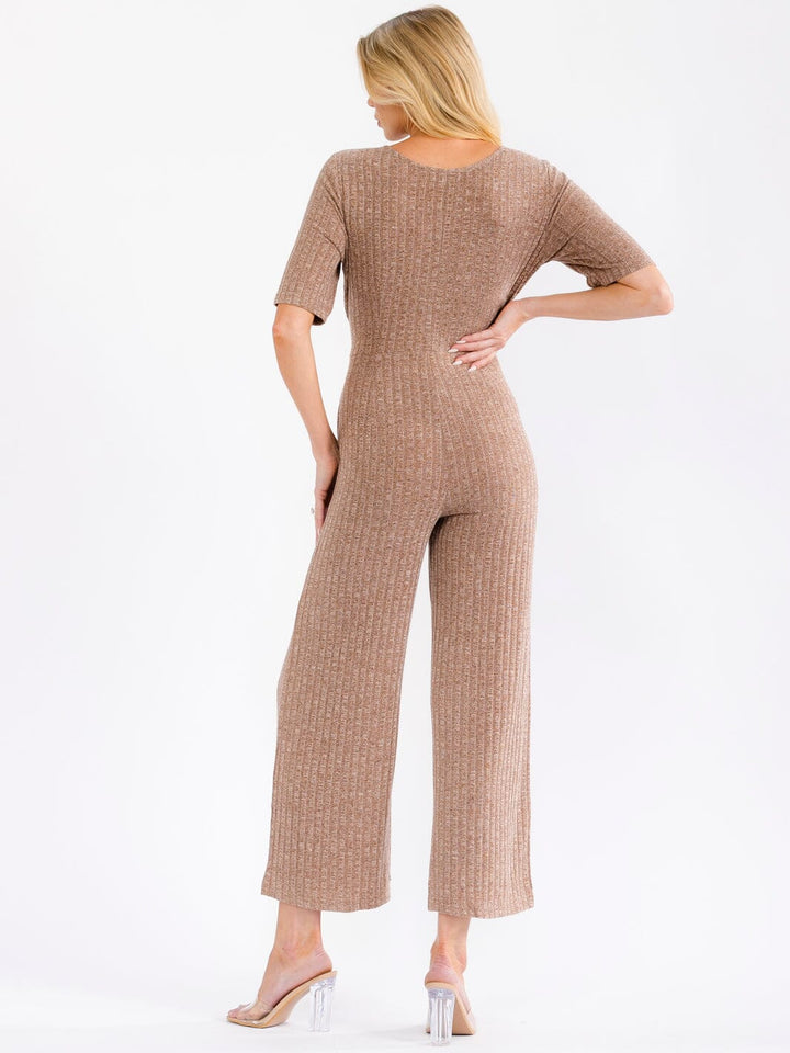 WOMEN'S SHORT SLEEVE ZIP UP FRONT POCKETS SELF TIE RIBBED WIDE LEG JUMPSUIT