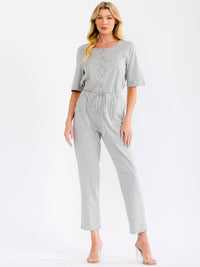 WOMEN'S SHORT SLEEVE BUTTON UP FRONT POCKETS ELASTIC WAIST SKINNY LEG JUMPSUIT