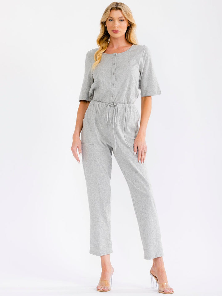 WOMEN'S SHORT SLEEVE BUTTON UP FRONT POCKETS ELASTIC WAIST SKINNY LEG JUMPSUIT