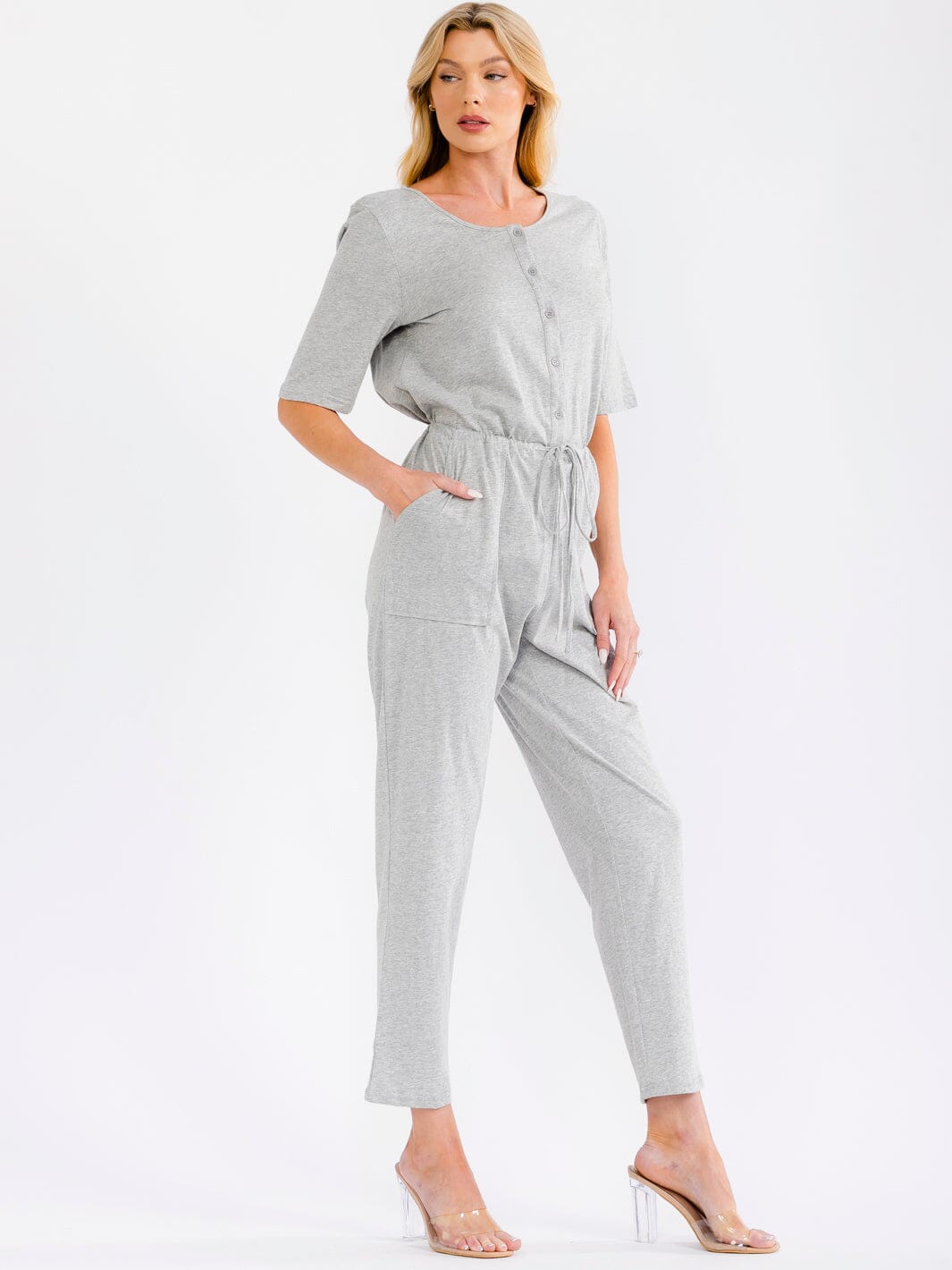 WOMEN'S SHORT SLEEVE BUTTON UP FRONT POCKETS ELASTIC WAIST SKINNY LEG JUMPSUIT