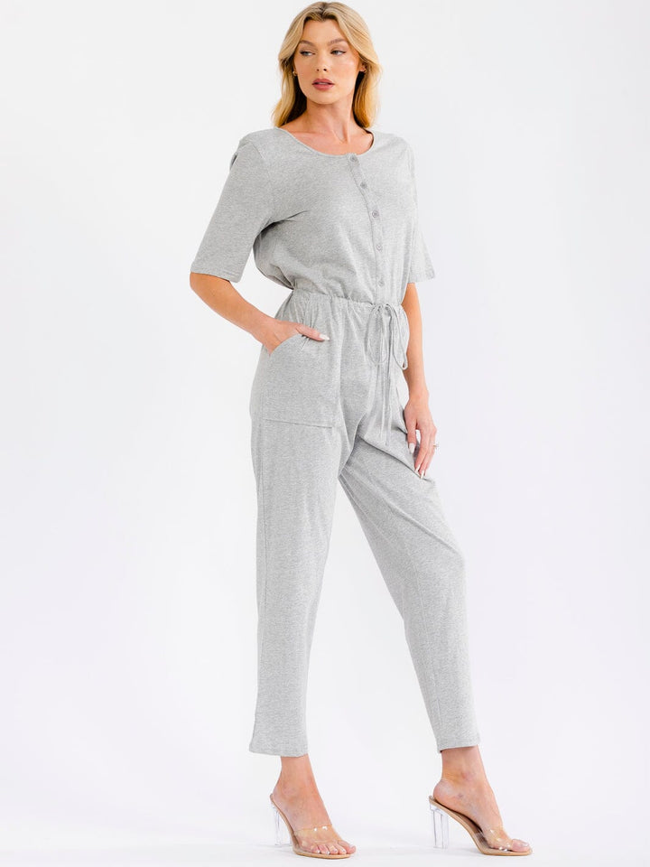 WOMEN'S SHORT SLEEVE BUTTON UP FRONT POCKETS ELASTIC WAIST SKINNY LEG JUMPSUIT