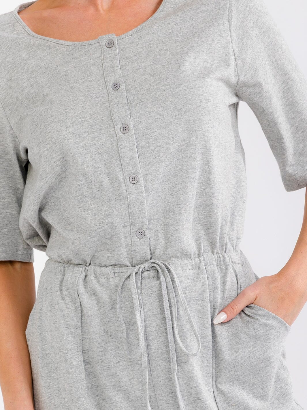 WOMEN'S SHORT SLEEVE BUTTON UP FRONT POCKETS ELASTIC WAIST SKINNY LEG JUMPSUIT