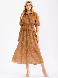 WOMEN'S SHORT PUFF SLEEVE BUTTON UP ELASTIC WAIST FRONT POCKETS FLORAL MAXI DRESS