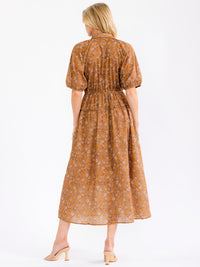 WOMEN'S SHORT PUFF SLEEVE BUTTON UP ELASTIC WAIST FRONT POCKETS FLORAL MAXI DRESS