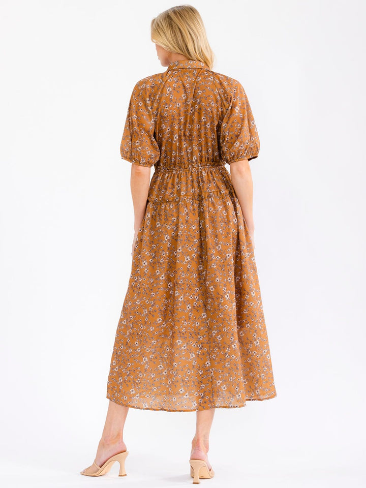 WOMEN'S SHORT PUFF SLEEVE BUTTON UP ELASTIC WAIST FRONT POCKETS FLORAL MAXI DRESS