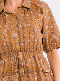 WOMEN'S SHORT PUFF SLEEVE BUTTON UP ELASTIC WAIST FRONT POCKETS FLORAL MAXI DRESS