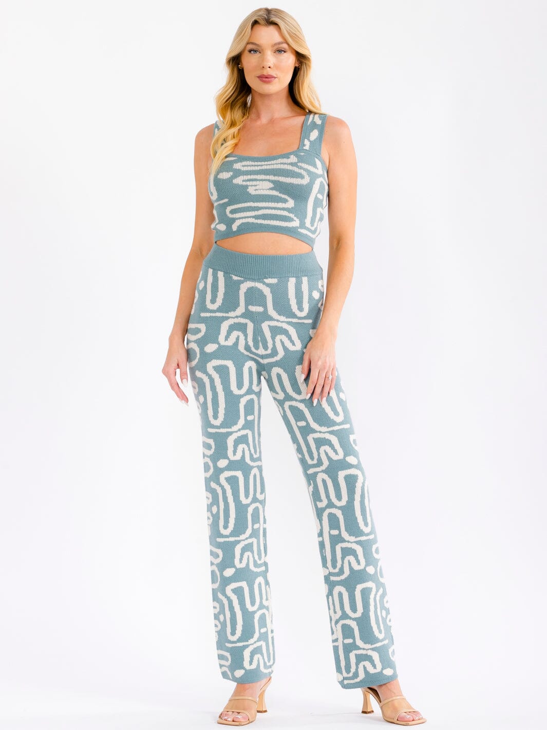 WOMEN'S SLEEVELESS CROP TANK TOP & ELASTIC WAIST PANTS MULTI PRINT 2PC. SET