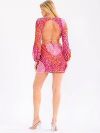 WOMEN'S LONG SLEEVE OPEN BACK CUT OUT MULTI SEQUINS BODYCON MINI DRESS