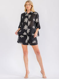 WOMEN'S SHORT SLEEVE BUTTON UP BLOUSE & ELASTIC WAIST POCKETS SHORT FLORAL 2PC. SET