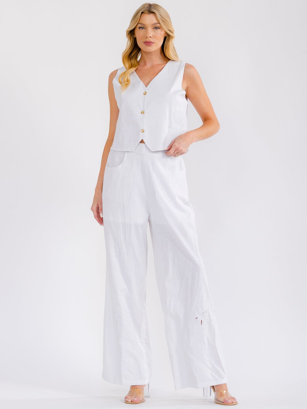 WOMEN'S SLEEVELESS TOP & ELASTIC WAIST WIDE LEG PANTS EMBROIDERY FLORAL 2PC. SET