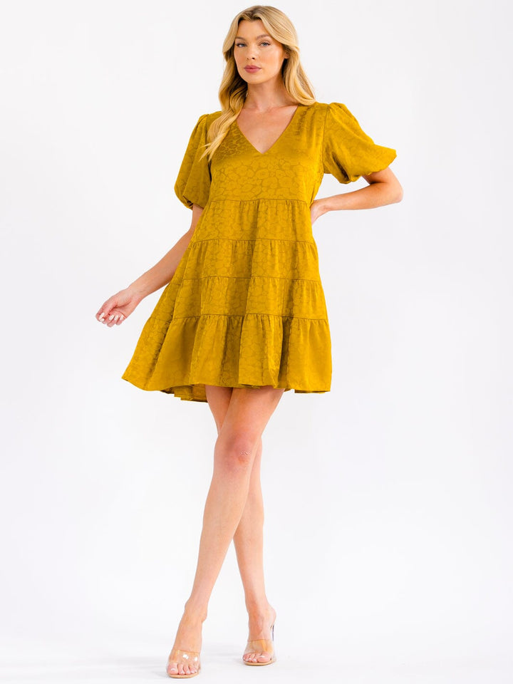 WOMEN'S SHORT PUFF SLEEVE V-NECK FIT & FLARE TIERED MINI DRESS