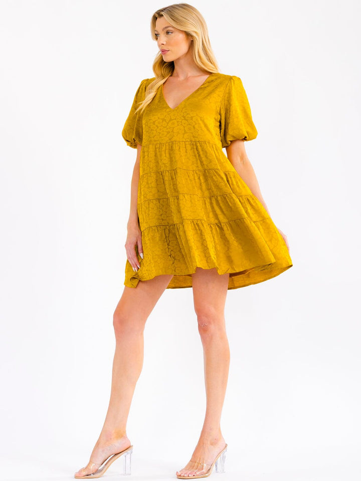 WOMEN'S SHORT PUFF SLEEVE V-NECK FIT & FLARE TIERED MINI DRESS