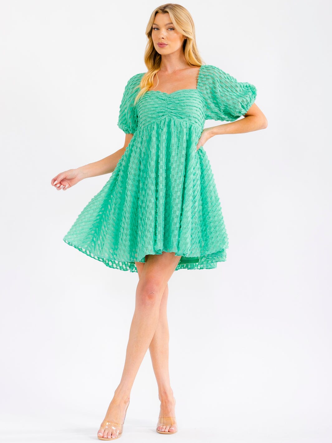 WOMEN'S SHORT PUFF SLEEVE SMOCK FIT & FLARE MINI DRESS