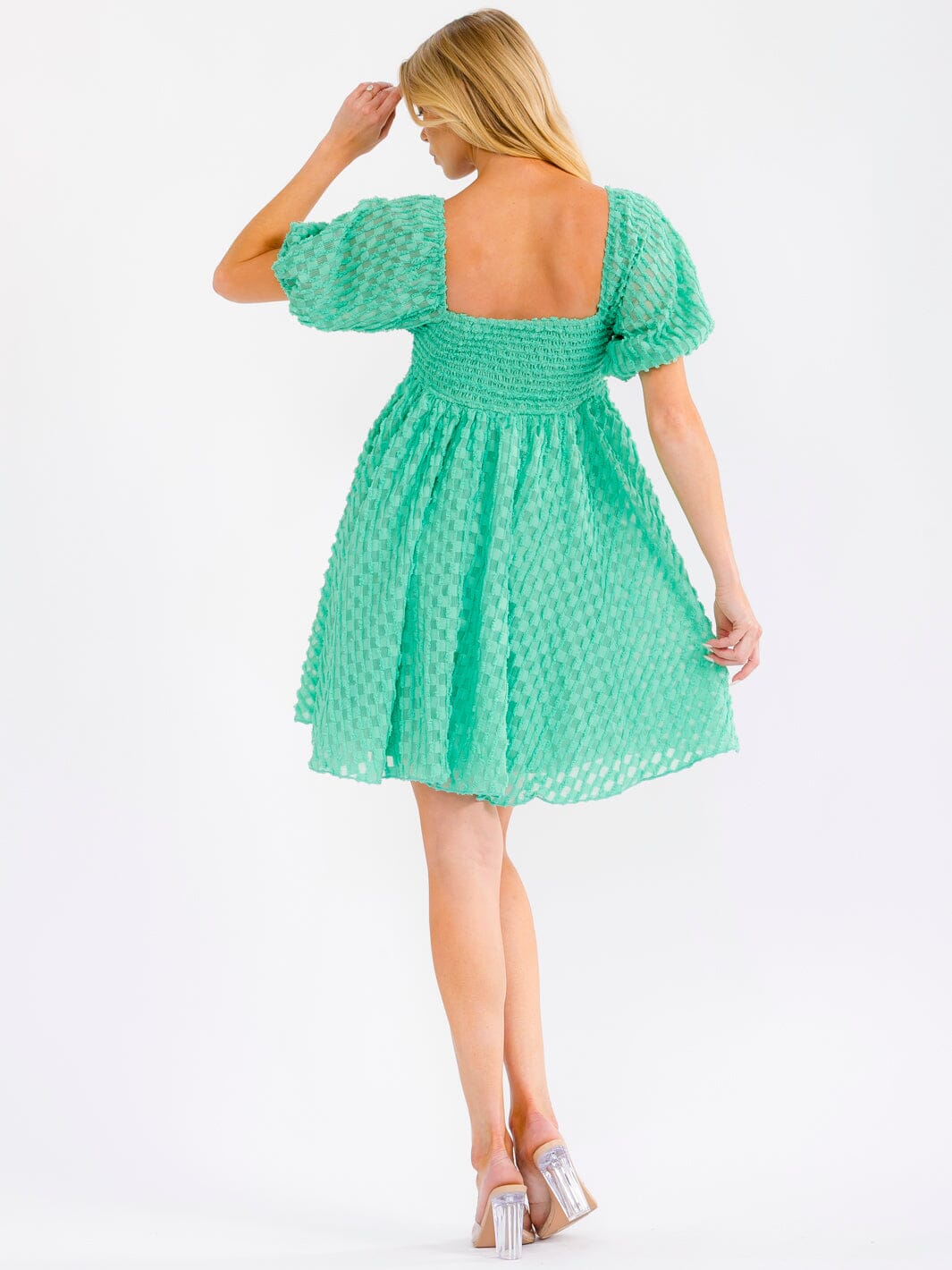 WOMEN'S SHORT PUFF SLEEVE SMOCK FIT & FLARE MINI DRESS