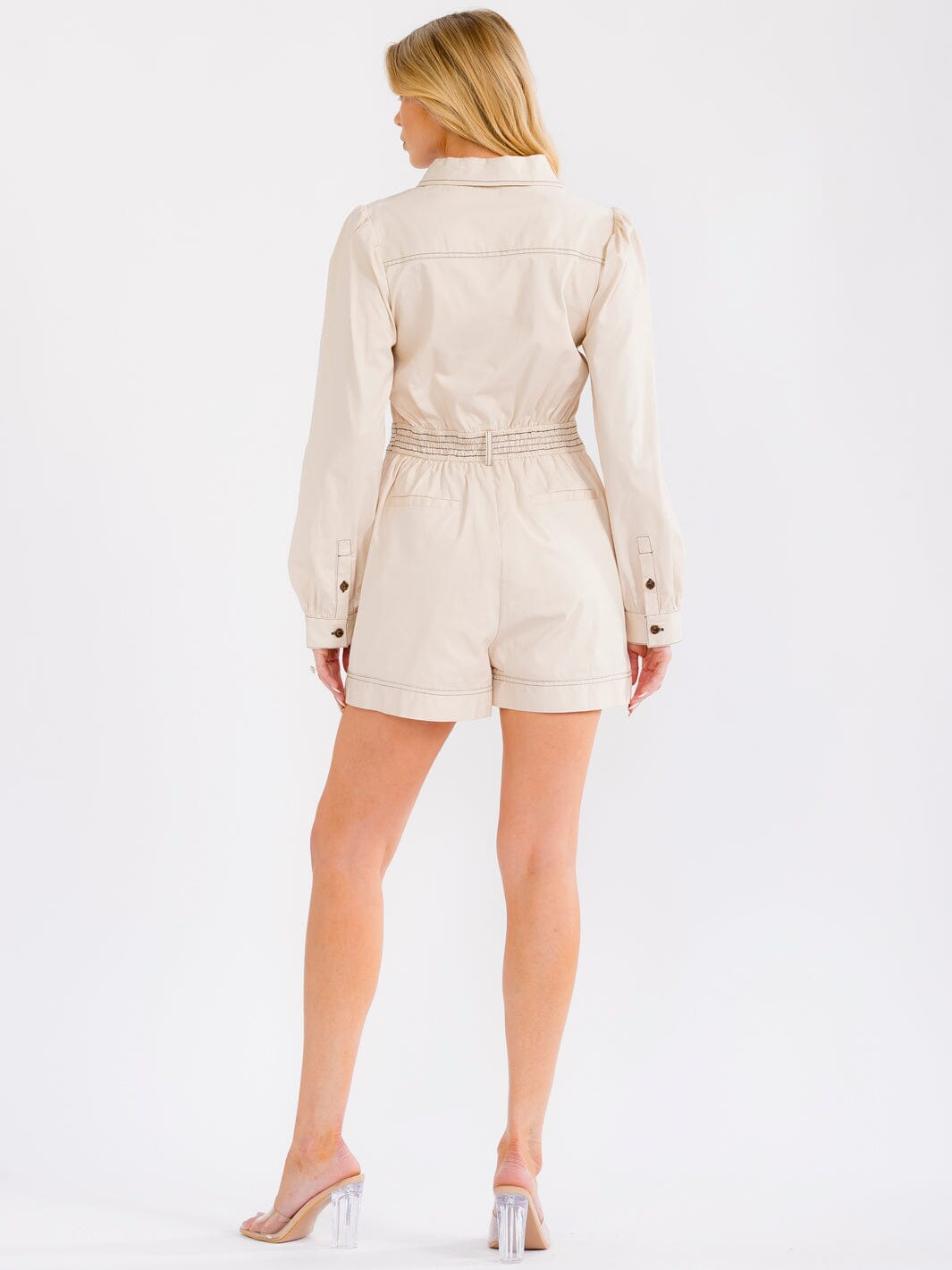 WOMEN'S LONG SLEEVE ZIP UP ELASTIC WAIST POCKETS ROMPER