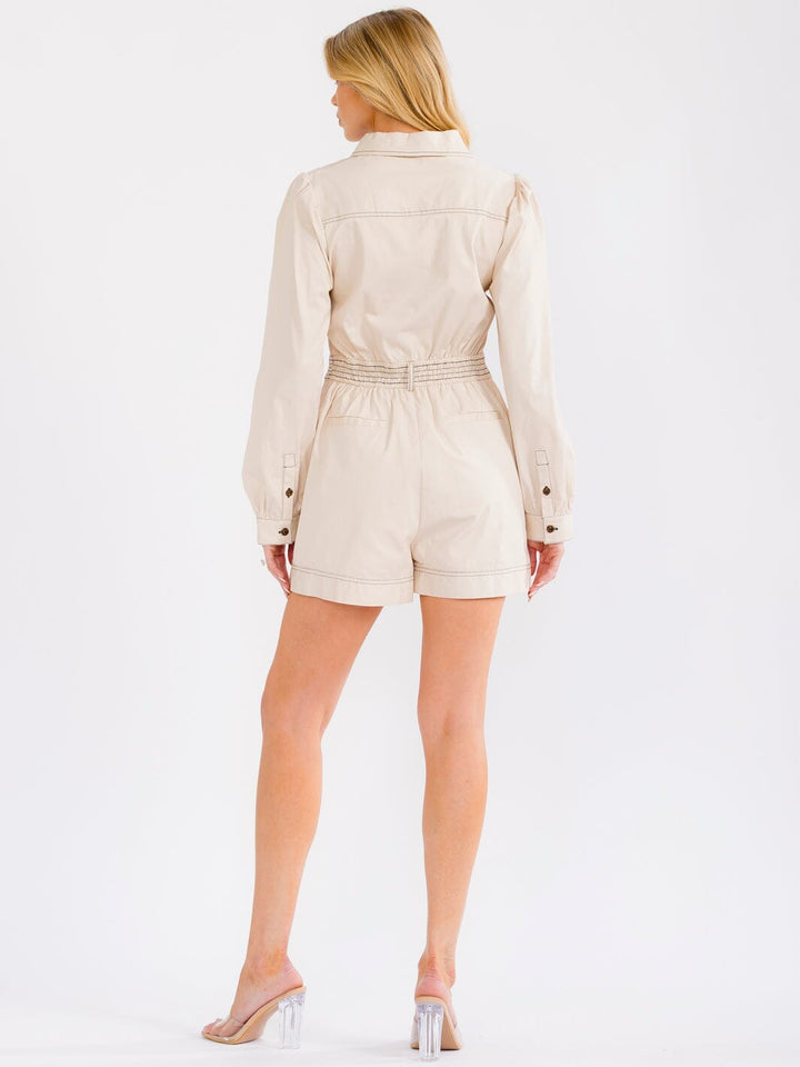 WOMEN'S LONG SLEEVE ZIP UP ELASTIC WAIST POCKETS ROMPER