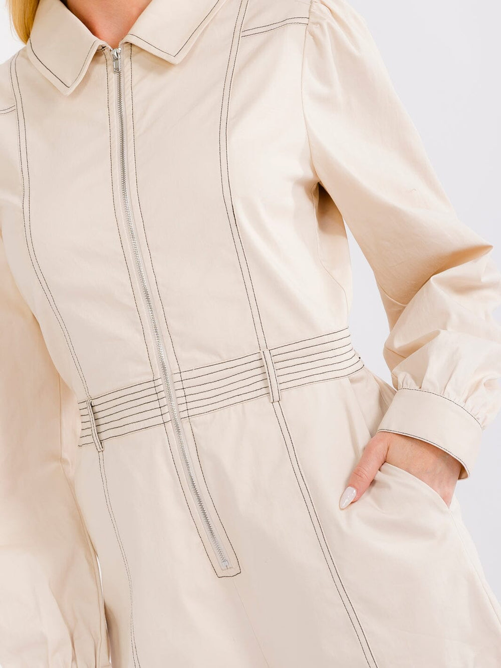 WOMEN'S LONG SLEEVE ZIP UP ELASTIC WAIST POCKETS ROMPER