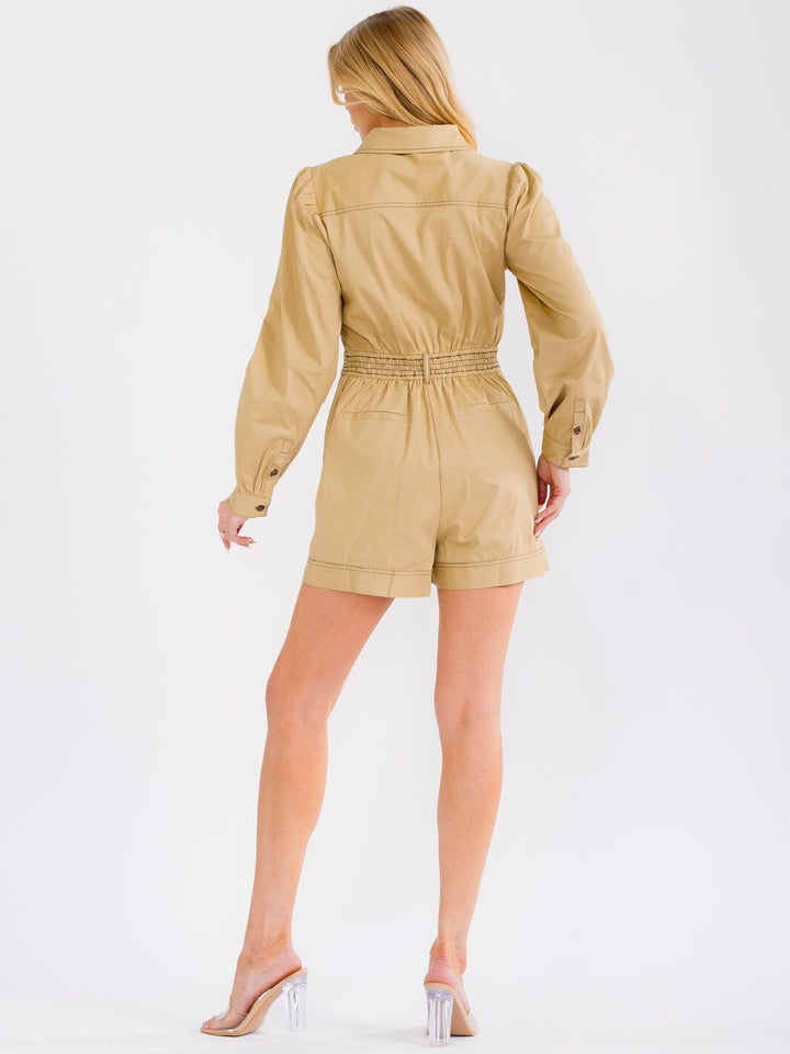 WOMEN'S LONG SLEEVE ZIP UP ELASTIC WAIST POCKETS ROMPER