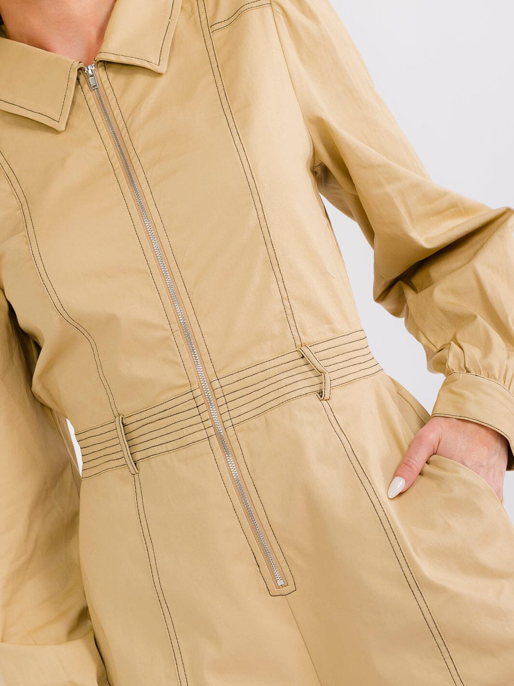 WOMEN'S LONG SLEEVE ZIP UP ELASTIC WAIST POCKETS ROMPER